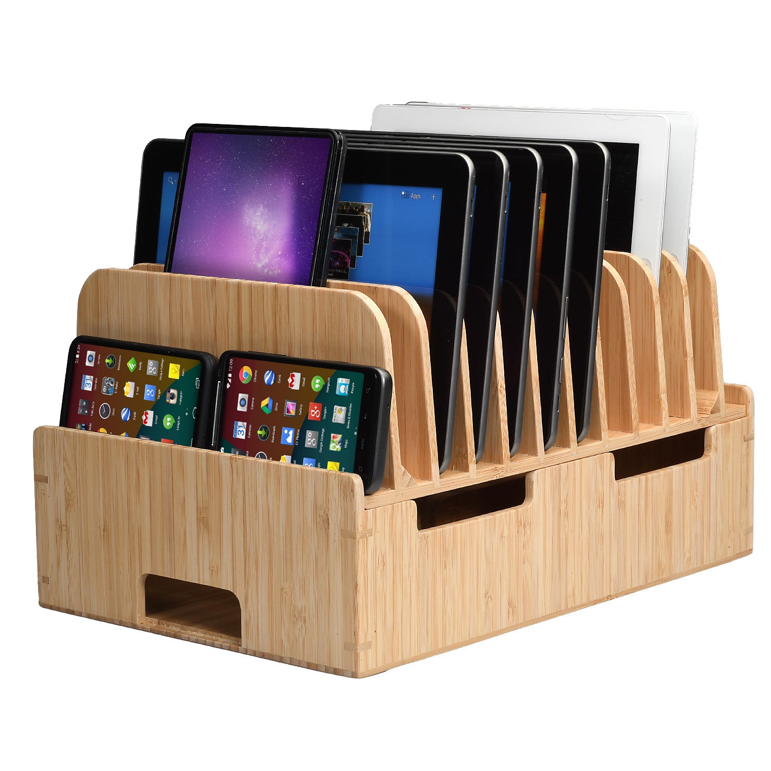 MobileVision 12 Slot Bamboo Charging Station Organizer w/ 2 iWatch Adapter Stands
