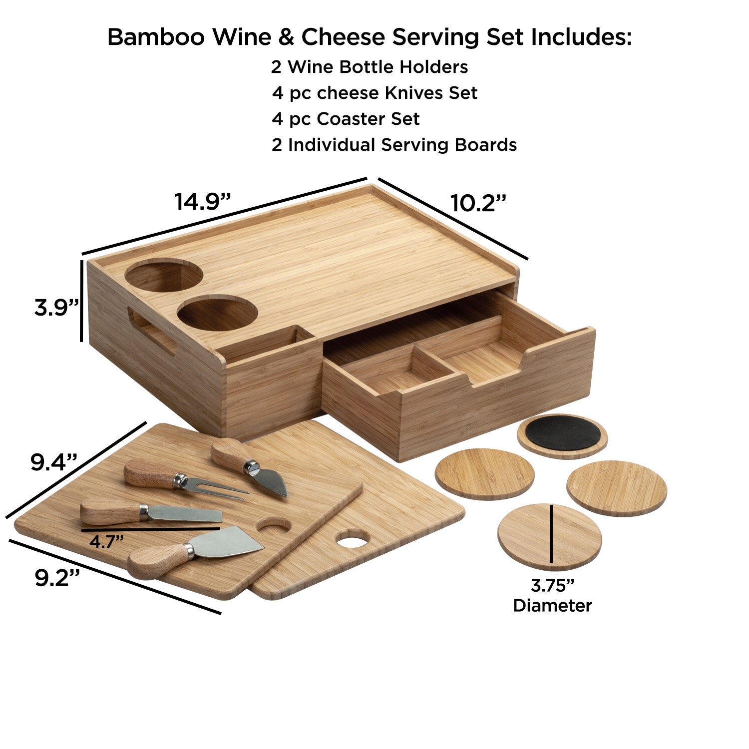 Bamboo Wine & Cheese Serving Tray with Drawer