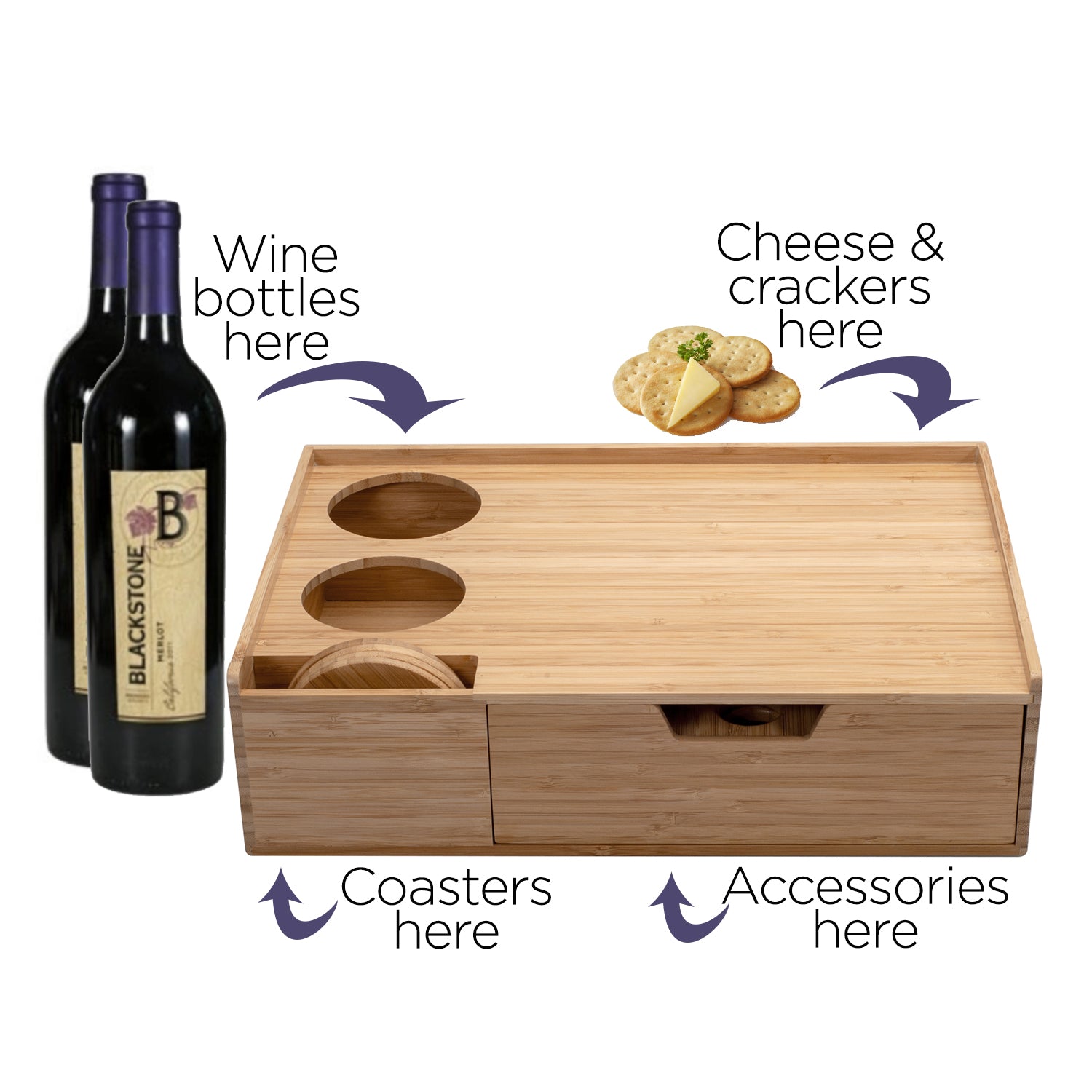 Bamboo Wine & Cheese Serving Tray with Drawer