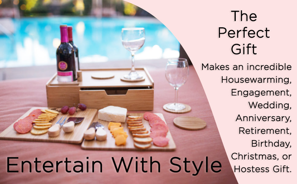 Bamboo Wine & Cheese Serving Tray with Drawer