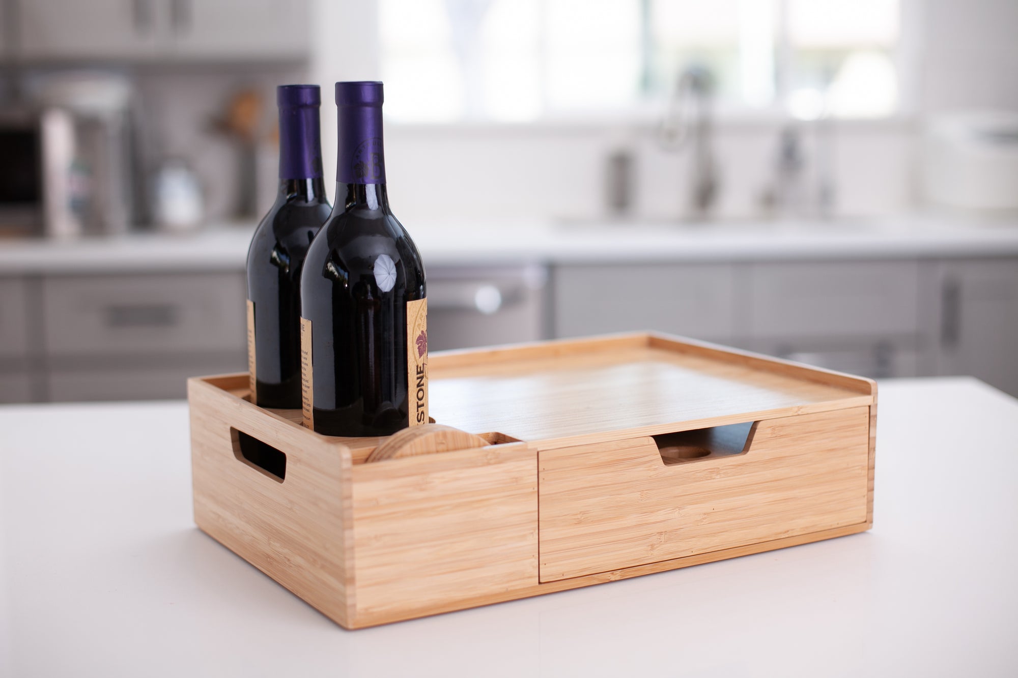 Bamboo Wine & Cheese Serving Tray with Drawer