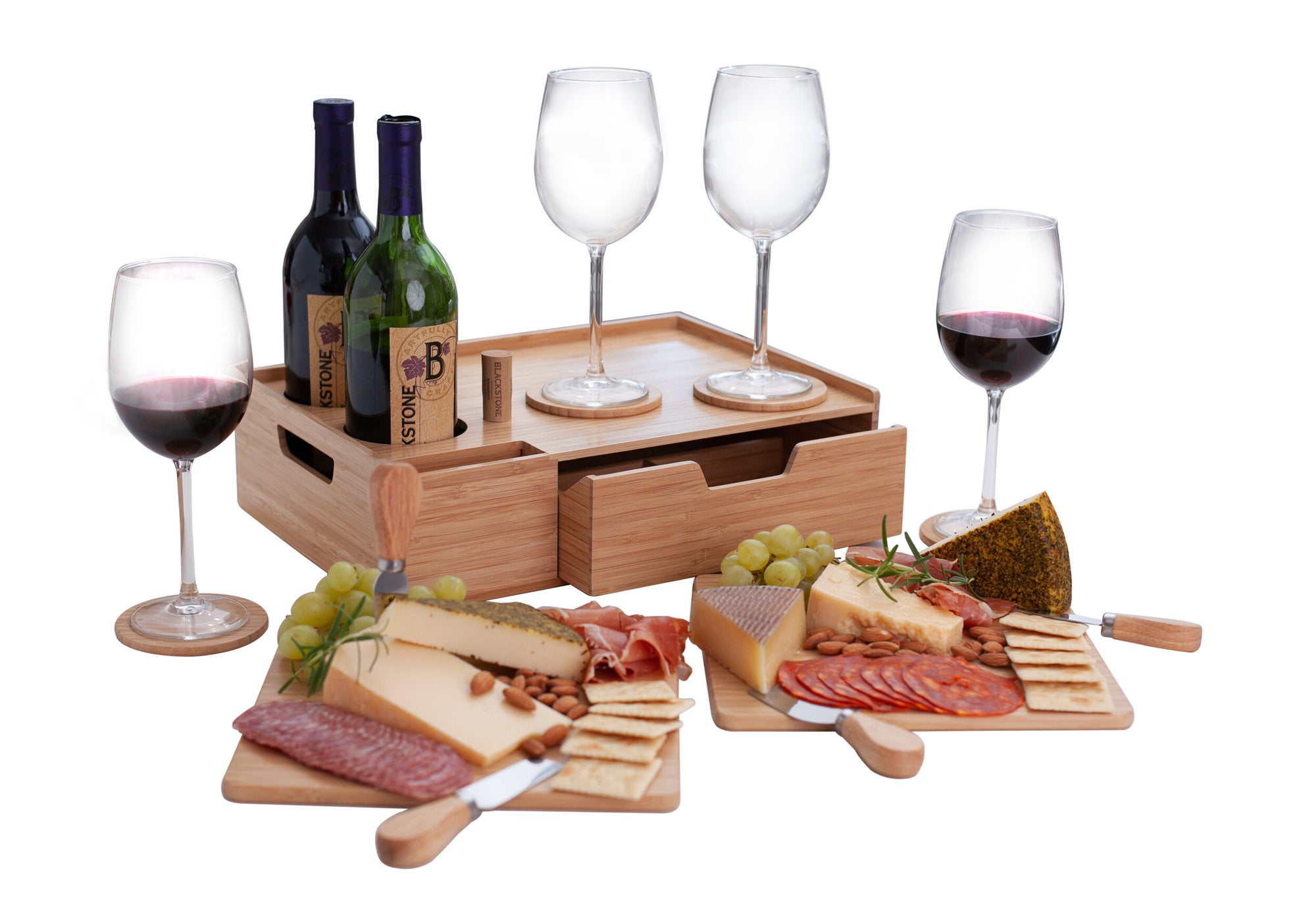 Bamboo Wine & Cheese Serving Tray with Drawer