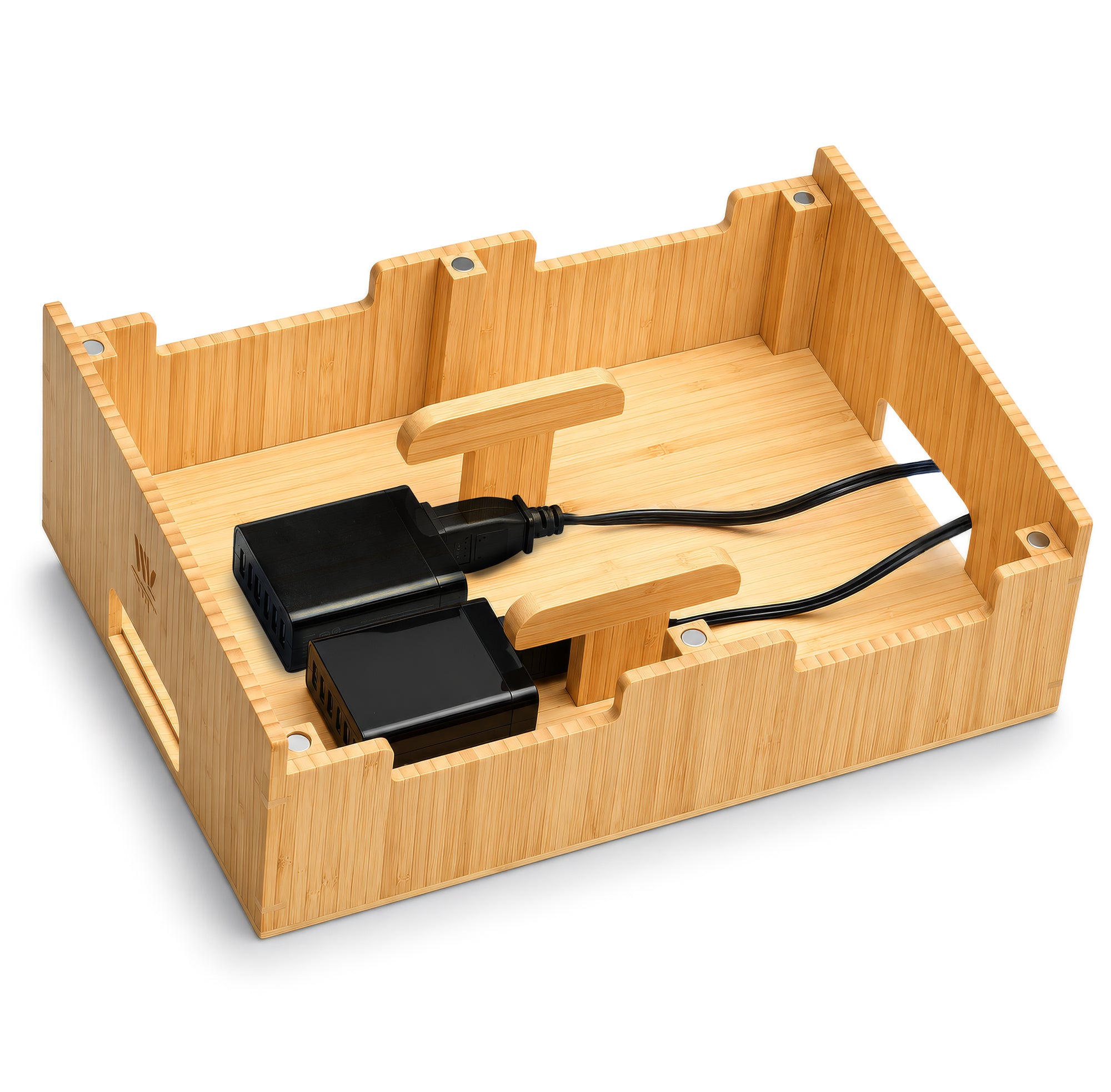12-Slot Bamboo Charging Station Organizer with Dual 6-Port USB Chargers