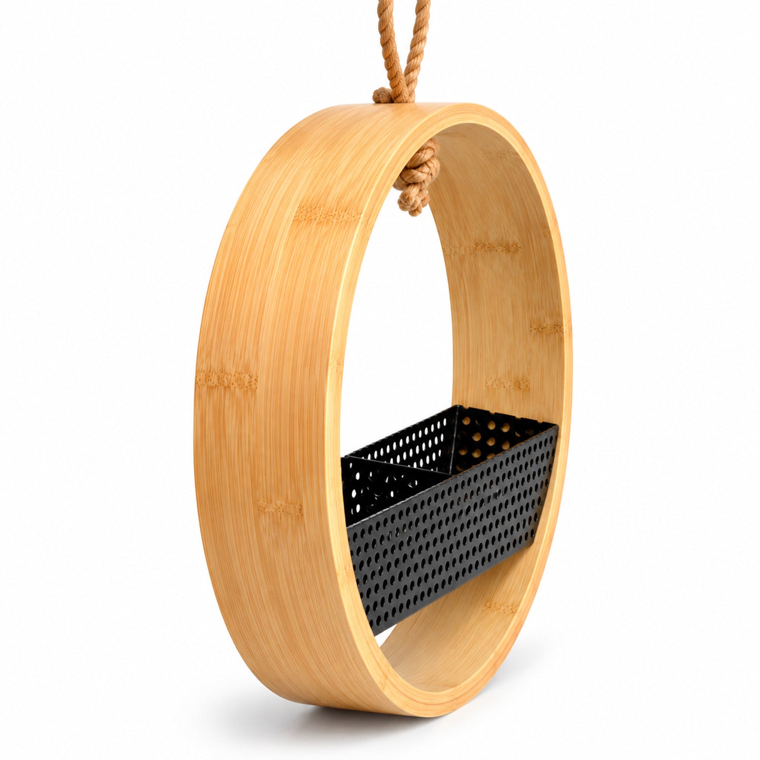 Circular Bamboo Bird Feeder with Divided Seed Tray & Jute Rope Hanging Loop