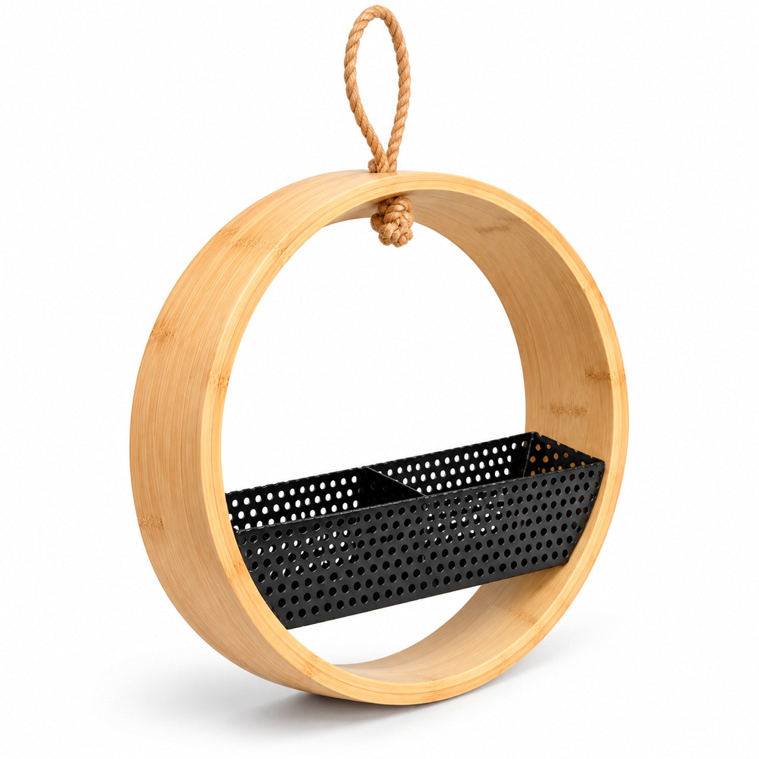 Circular Bamboo Bird Feeder with Divided Seed Tray & Jute Rope Hanging Loop