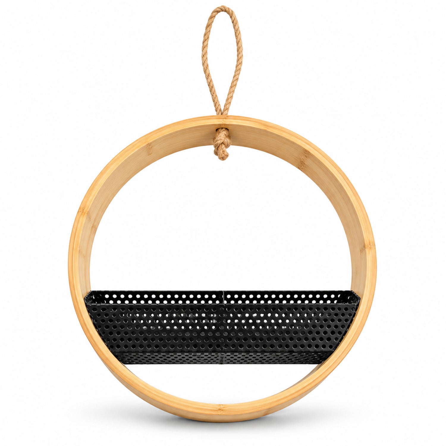 Circular Bamboo Bird Feeder with Divided Seed Tray & Jute Rope Hanging Loop