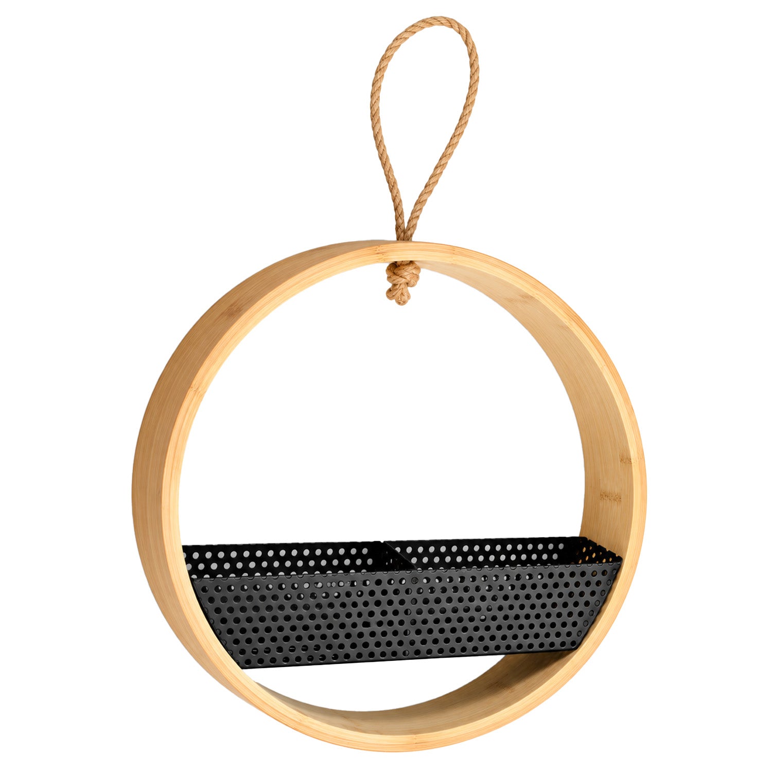 Circular Bamboo Bird Feeder with Divided Seed Tray & Jute Rope Hanging Loop