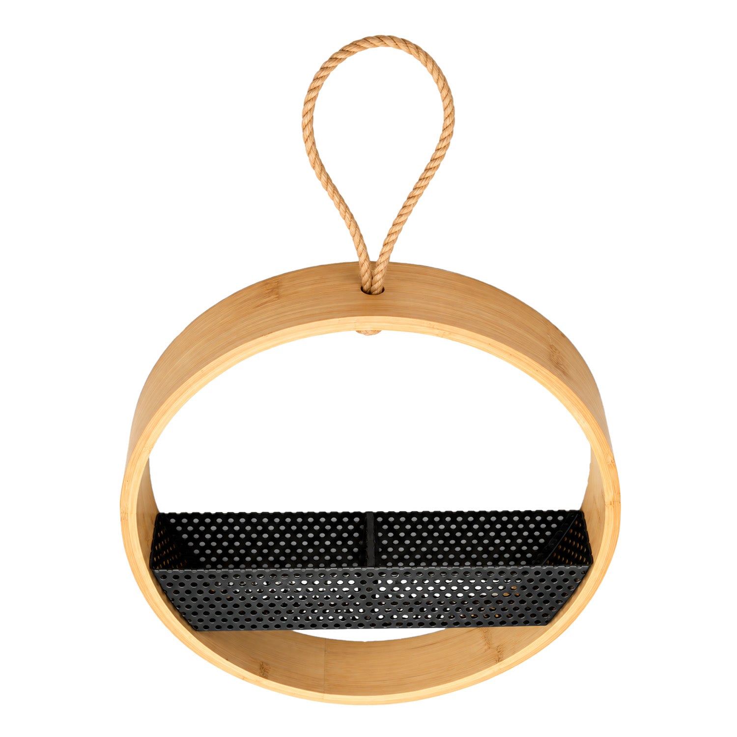 Circular Bamboo Bird Feeder with Divided Seed Tray & Jute Rope Hanging Loop