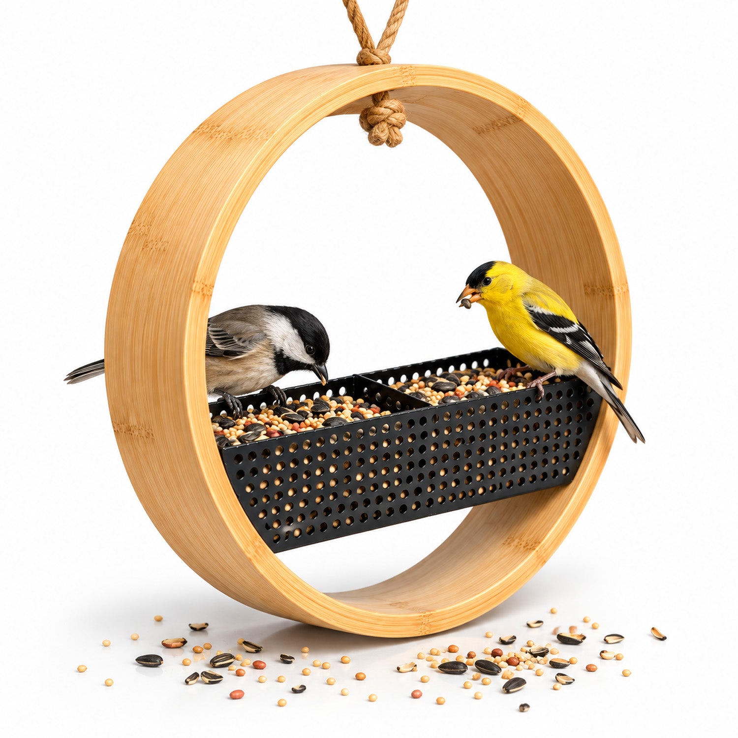 Circular Bamboo Bird Feeder with Divided Seed Tray & Jute Rope Hanging Loop