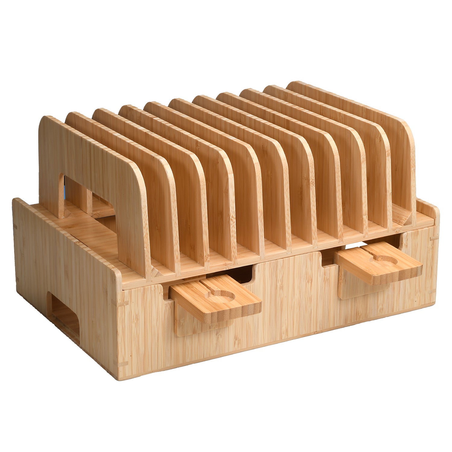 Natural Bamboo Charging Station Organizer For Multiple Devices Desk Charging Station Organizer Wooden Docking Station Multi Device Charging Stand With Cable Cord Drawer For Phone Tablet Airpods Watch - View #3
