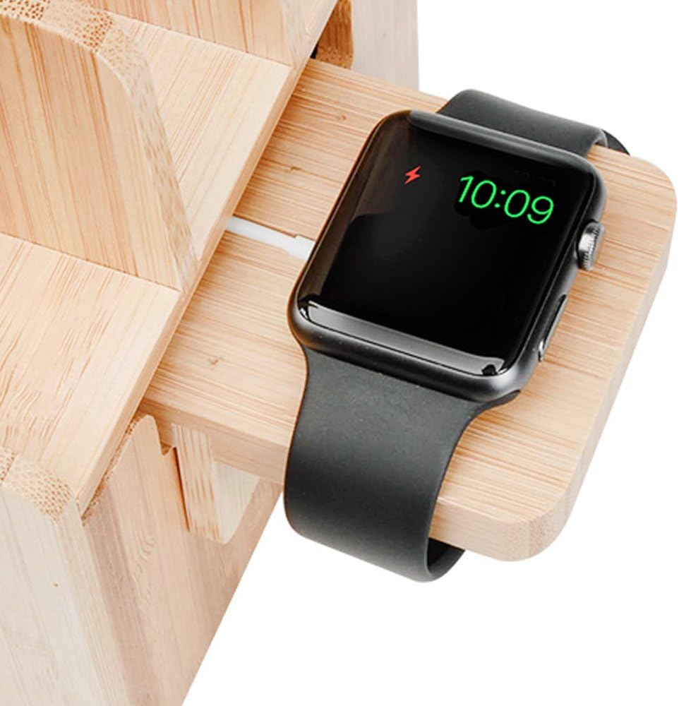 Slim Bamboo Charging Station with Apple Watch Adapter | Multi-Device Organizer & Magnetic Cable Management Hub