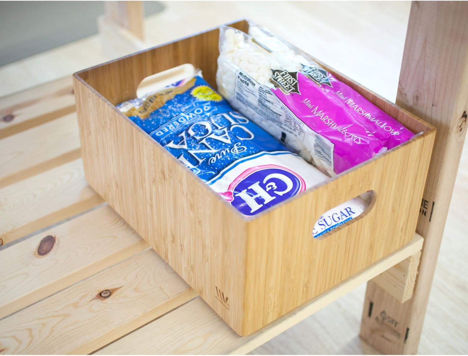 Stackable Bamboo Storage Bin (14” x 11” x 6.5”) with Integrated Handles & Labeling Clip | Premium Multi-Purpose Organizer