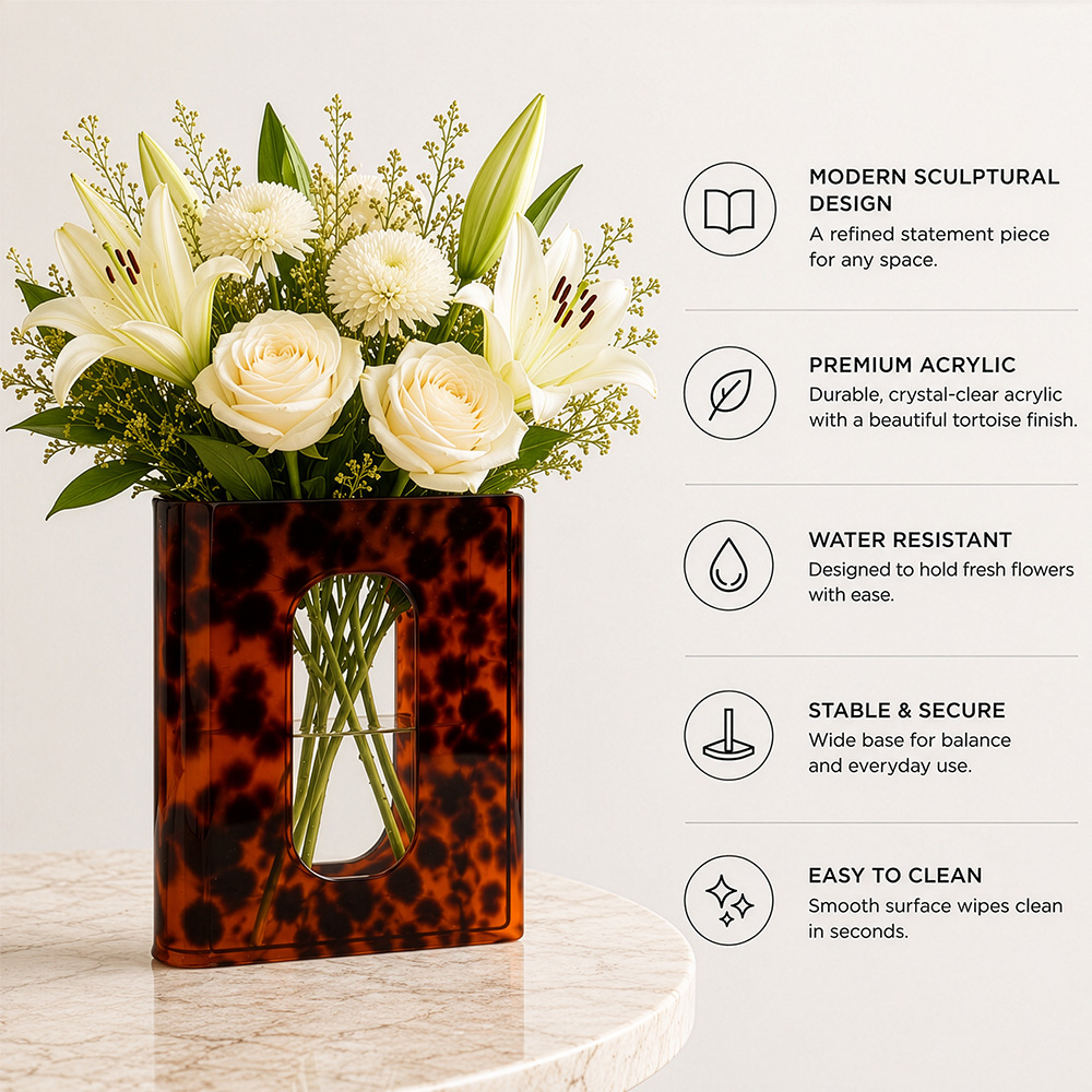 Modern Tortoise Shell Acrylic Book Vase – Decorative Oval Window Flower Vase for Bookshelf & Tabletop Decor