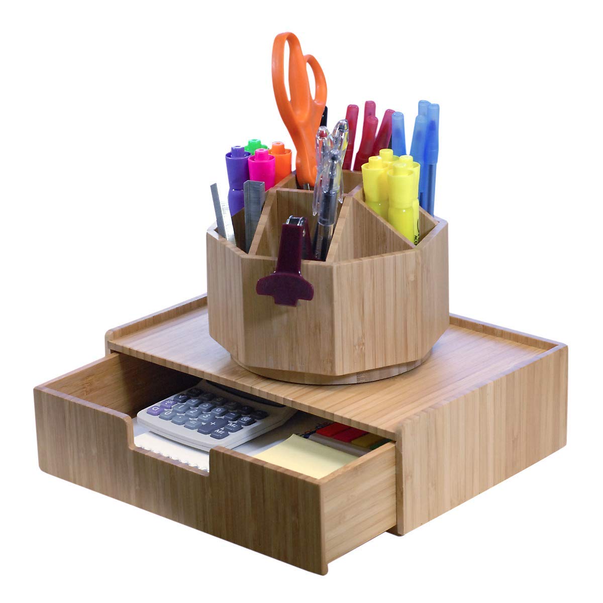 Bamboo Rotating Pencil Holder, Office Desk Art Supplies Organisers