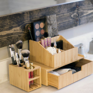 Mobilevision Bamboo Makeup Organizer Cosmetics Caddy Holder for Lipsticks Nail Polish Palettes Concealer Brushes Perfumes Lotions and Other Toiletries