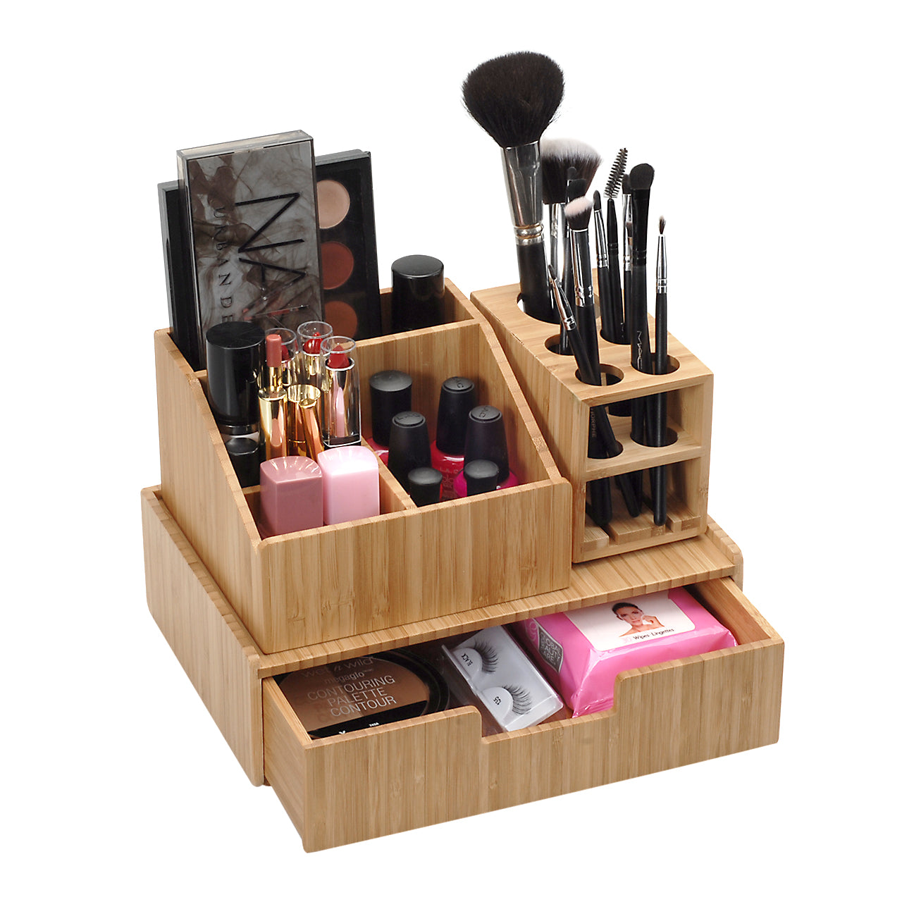 Mobilevision Bamboo Makeup Organizer Complete Combo, 3 PC Set Includes: 5 Section Brush Holder, 4 Compartment Cosmetic Caddy & Drawer for Added