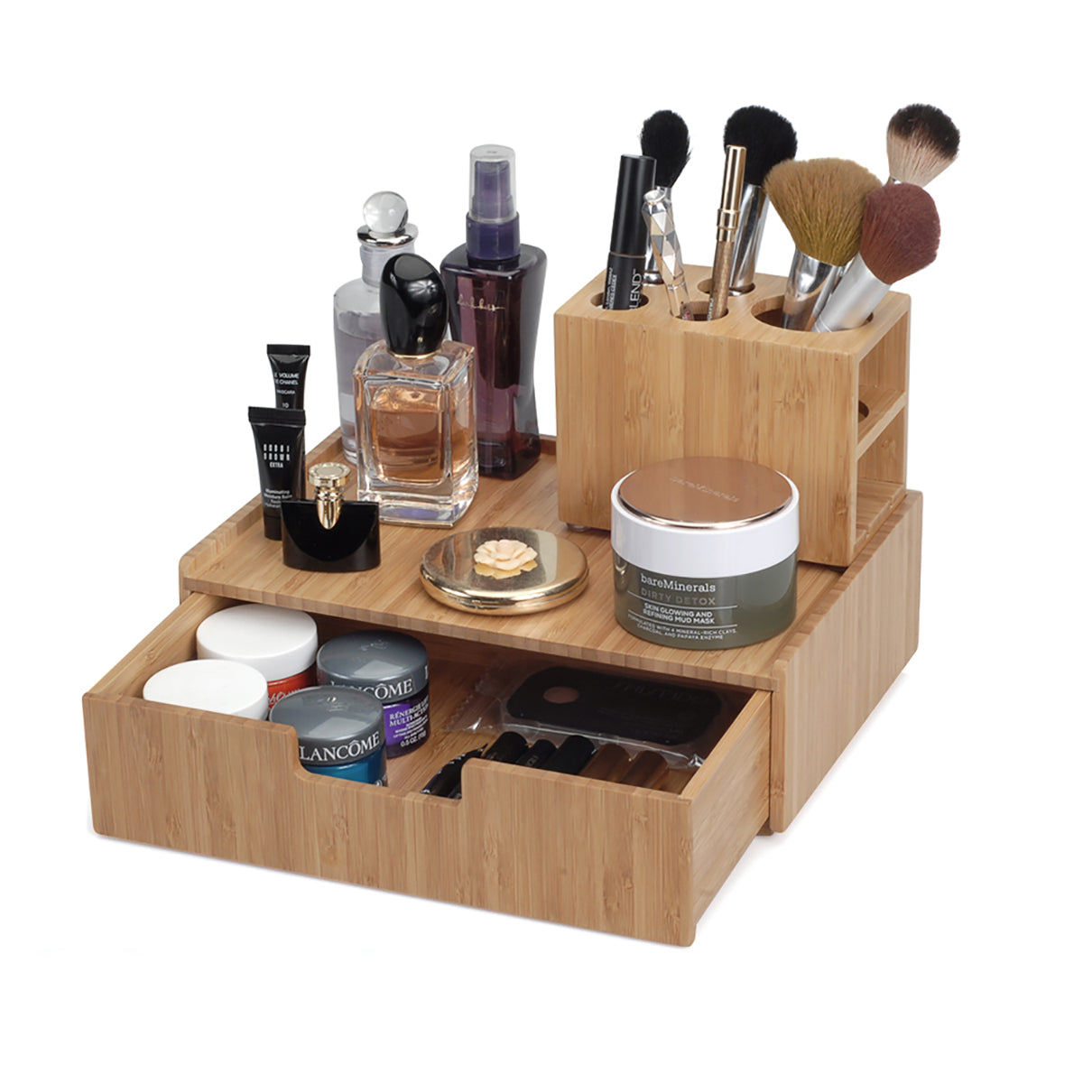 make up organizer bambus Mobilevision Bamboo Makeup Drawer Organizer with 5-Compartment Brush Holder Stand Combo