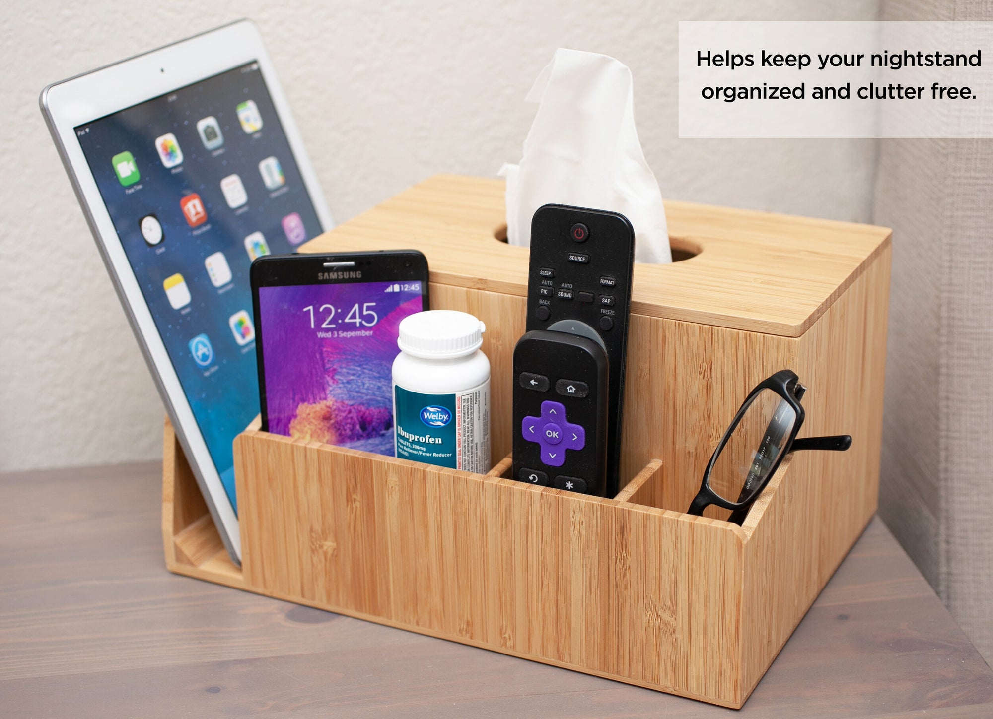 Bamboo Tissue Box Holder & Tablet Stand