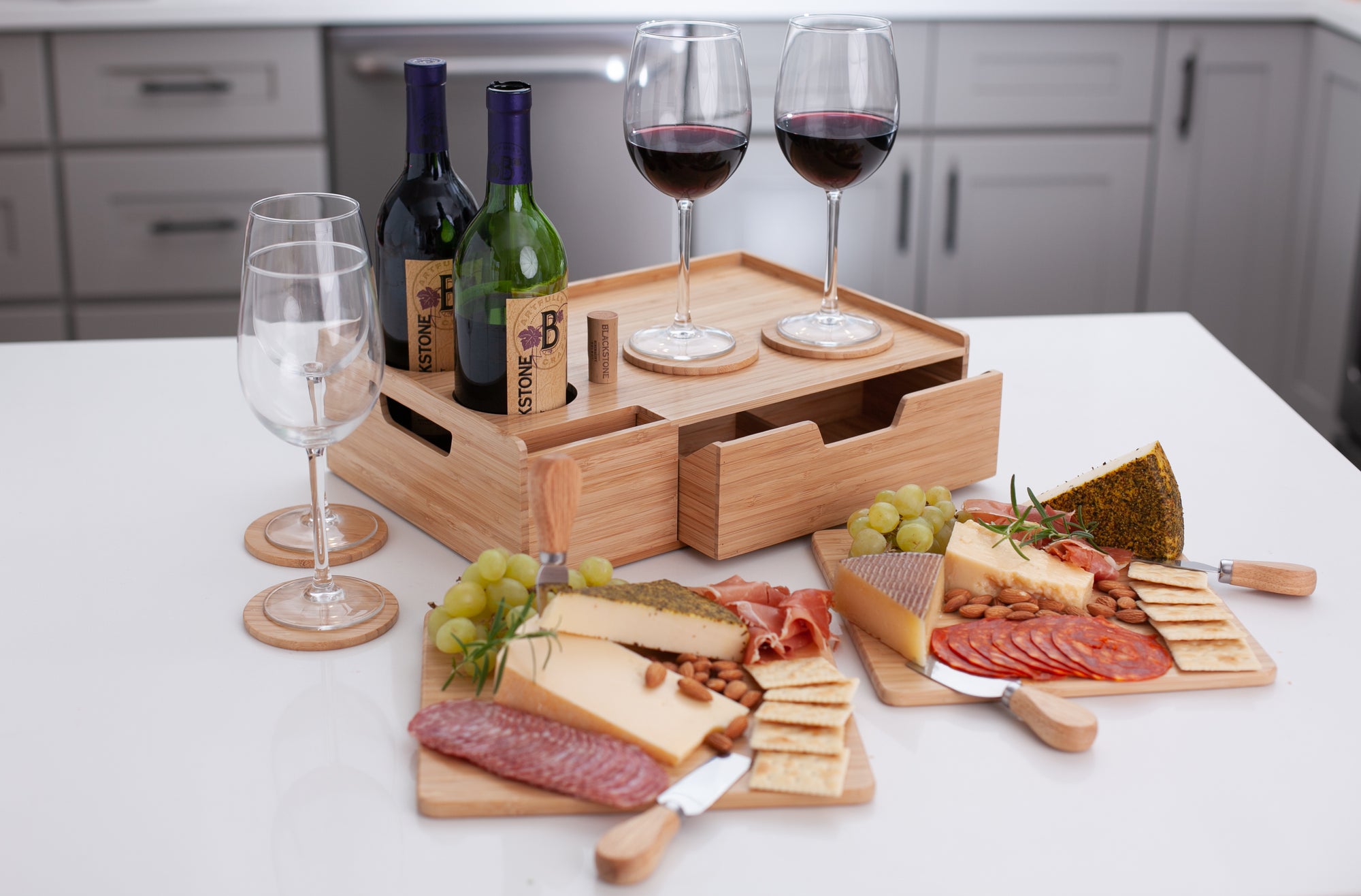 Bamboo Wine & Cheese Serving Tray with Drawer