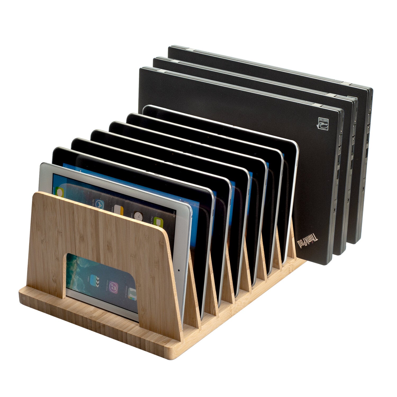 10-Slot Bamboo Desktop Organizer & Tech Hub – Multi-Device Rack